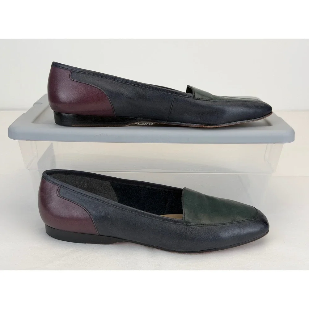 Enzo Angiolini Square Toe Leather Flats 9M Colorblock Vintage 90s Italian